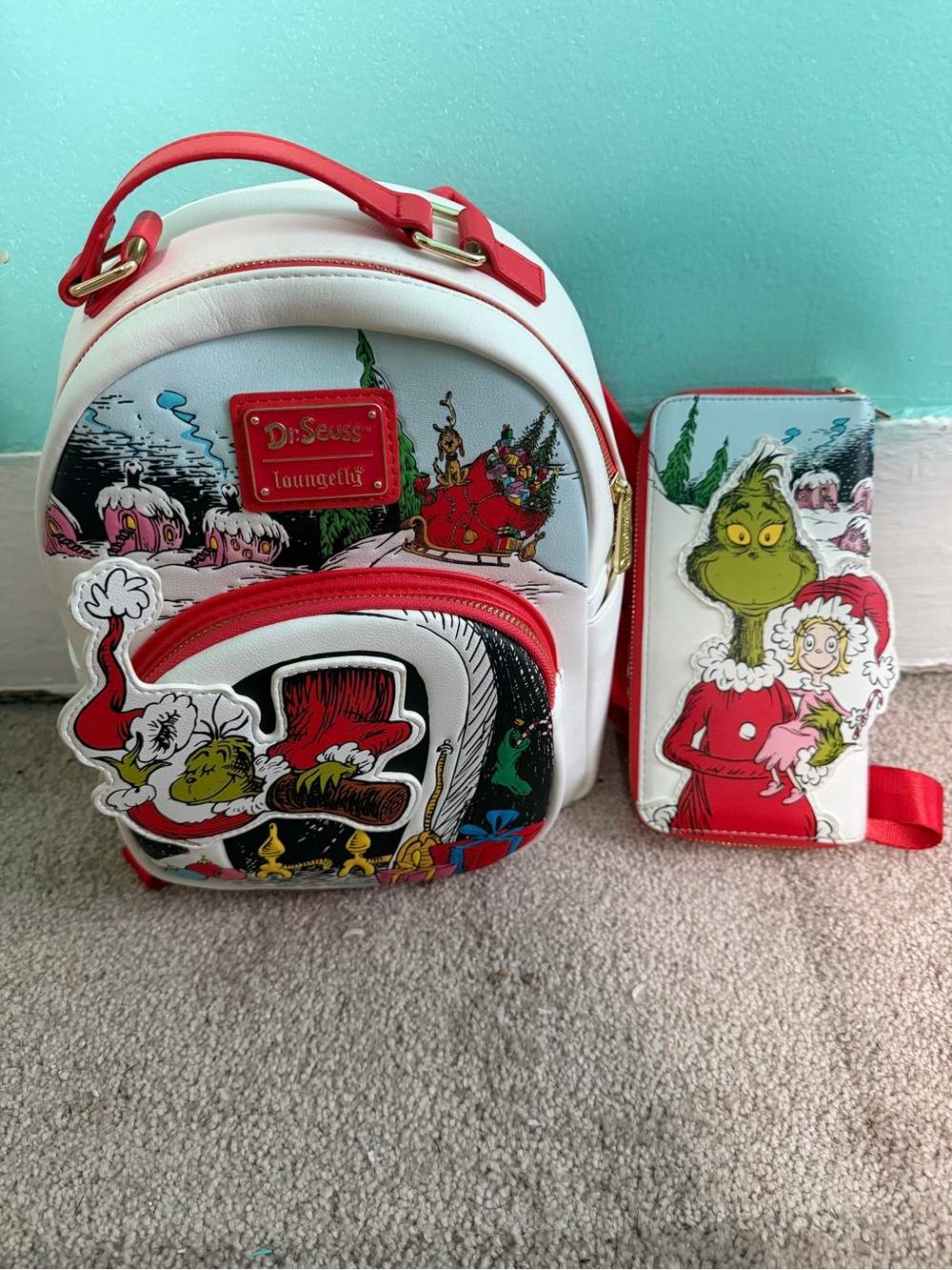 Dr. Seuss White & Red Grinch Mini Backpack with Matching Wallet Set